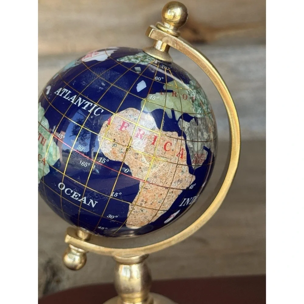 Vintage Gemstone World Globe Bookends, Brass meridian on Wood base